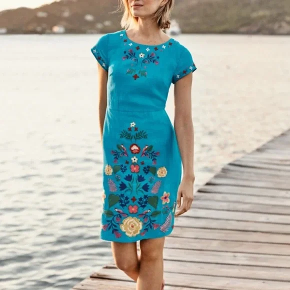 Boden Laura Linen Blue Lagoon Shift Dress Floral Embroidered Size 2R - Picture 3 of 16